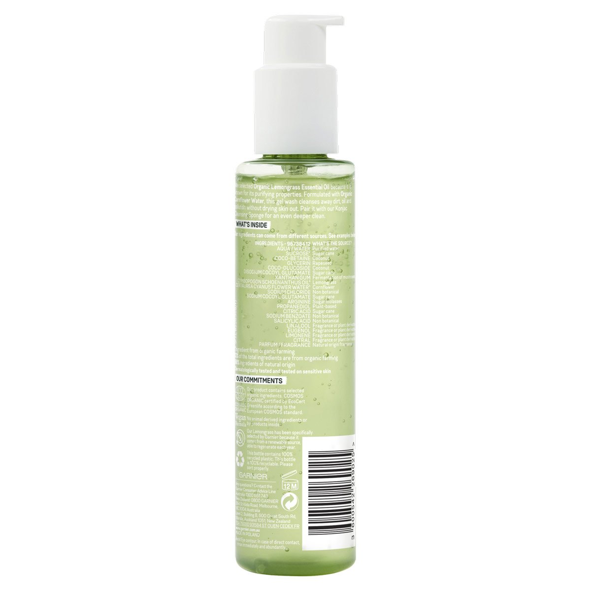 "Garnier Organics Lemongrass Detox Gel Wash back packshot